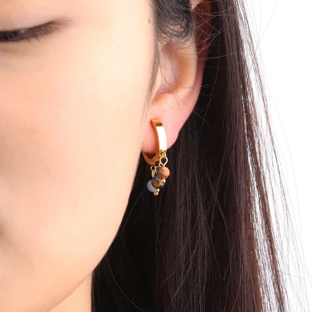 Chris April 316L Stainless Steel PVD Plated Gold Natural Agate Beads Bohemia Huggie Hoops Earrings