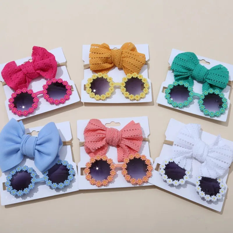 Hot Selling New Summer Kids Sunglasses Flower Eyeglass With Headbands Set Kid Sunglasses Headbands Bows Girl Flower Shades
