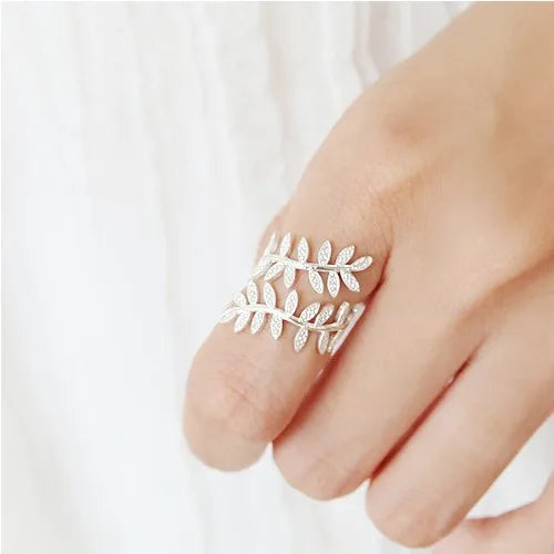 925 Sterling Silver Punk Style Leaf Inlaid Opening Korean Adjustable Ring in Two Colors Romantic Trendy Jewelry
