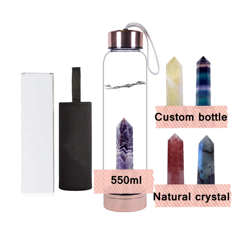 Eco Friendly Cylinder Tube Box Natural Crystal Point Rose Gold Lid Water Bottle Quartz Crystal Cup