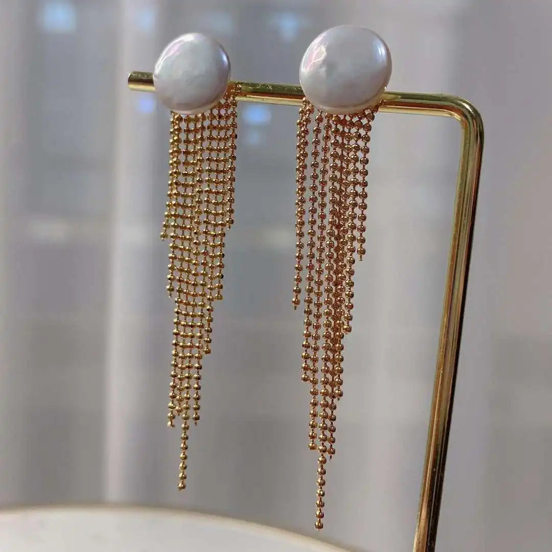 Natural Baroque Pearl Stud Earrings with Gold Bean Tassel Women's Button Pearl Studs