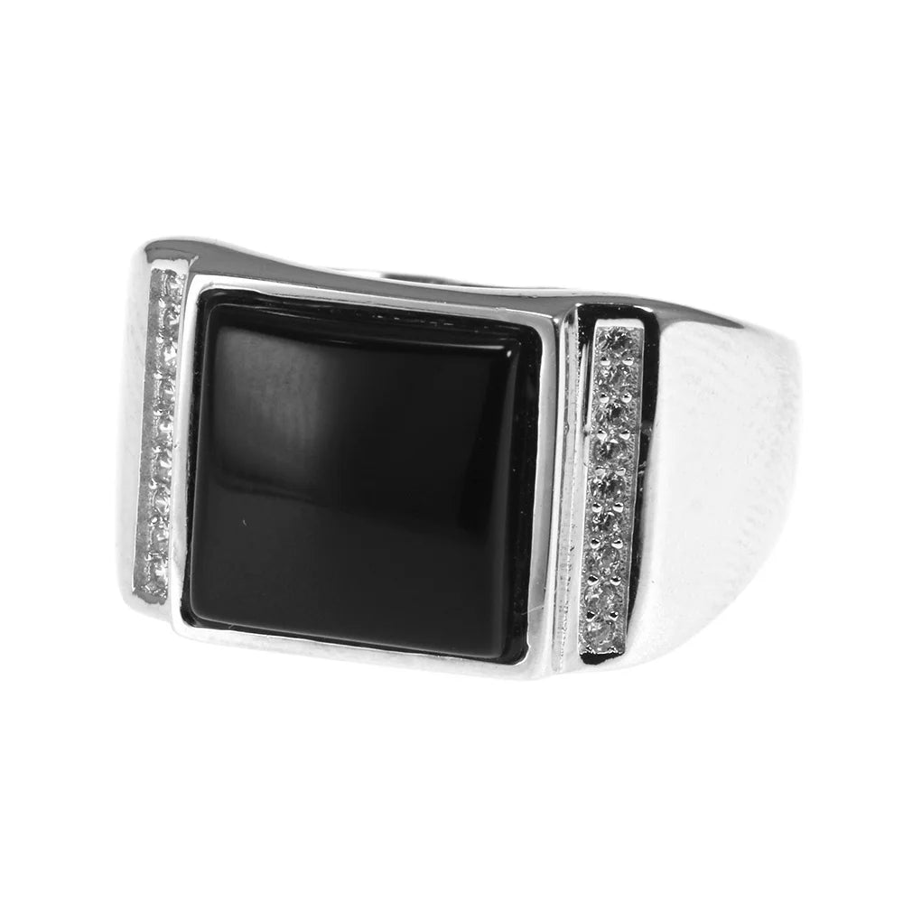 925 Sterling Silver Turkish Men Rings With Black Square Onyx Natural Stone Mens Wedding Rings Male Jewelry