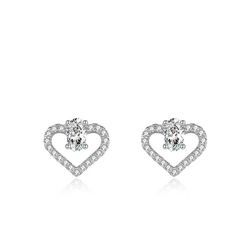 Trendy 925 Sterling Silver Heart Full Diamond Stud Earrings for Women Fine Jewelry with Oval Zircon for Weddings
