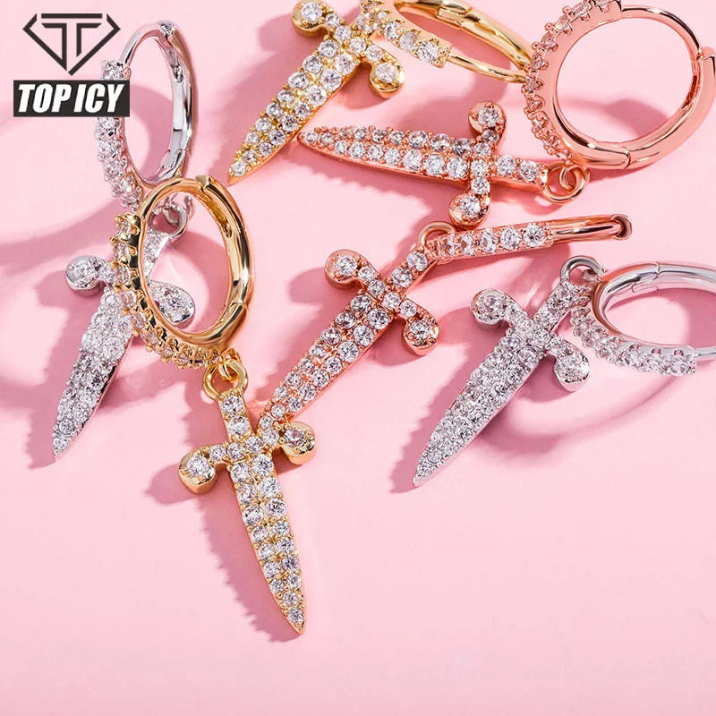 Top Icy New Arrival Hoop Cross Earring With Sword Shape Iced Out Earrings Jewelry
