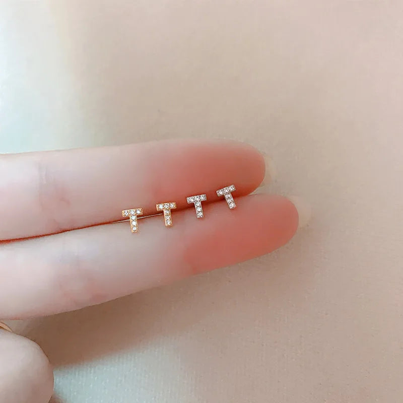 Simple Fashion T Shaped Mini Letter Stud Earrings for Women Cute Pure 925 Sterling Silver CZ Zircon Gold Plated Trendy Style