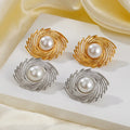Vintage Metallic Textured Pearl Stud Earrings Gold Plated Stainless Steel Earrings Geometric Jewelry Women Pearl Punk Earrings