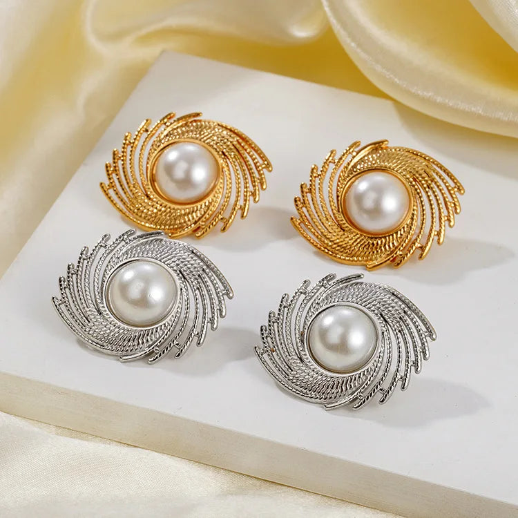 Vintage Metallic Textured Pearl Stud Earrings Gold Plated Stainless Steel Earrings Geometric Jewelry Women Pearl Punk Earrings