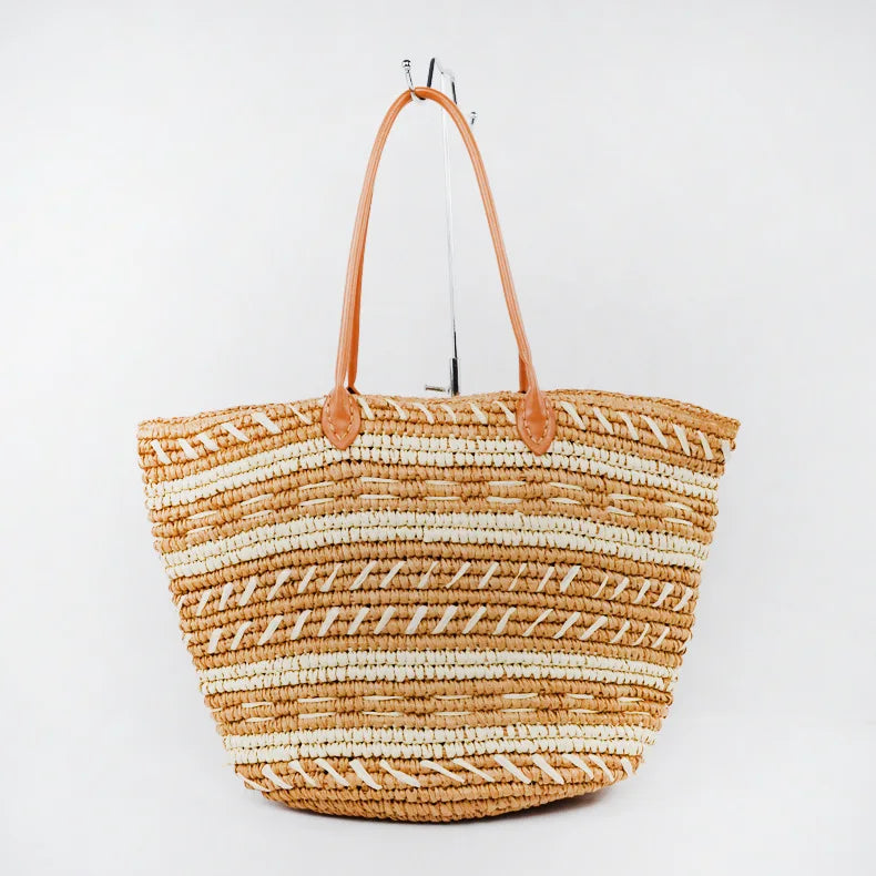 Factory Wholesale Straw Bag Zipper Closure Large Capacity  Pu Handle Single Shoulder Straw Beach Bag