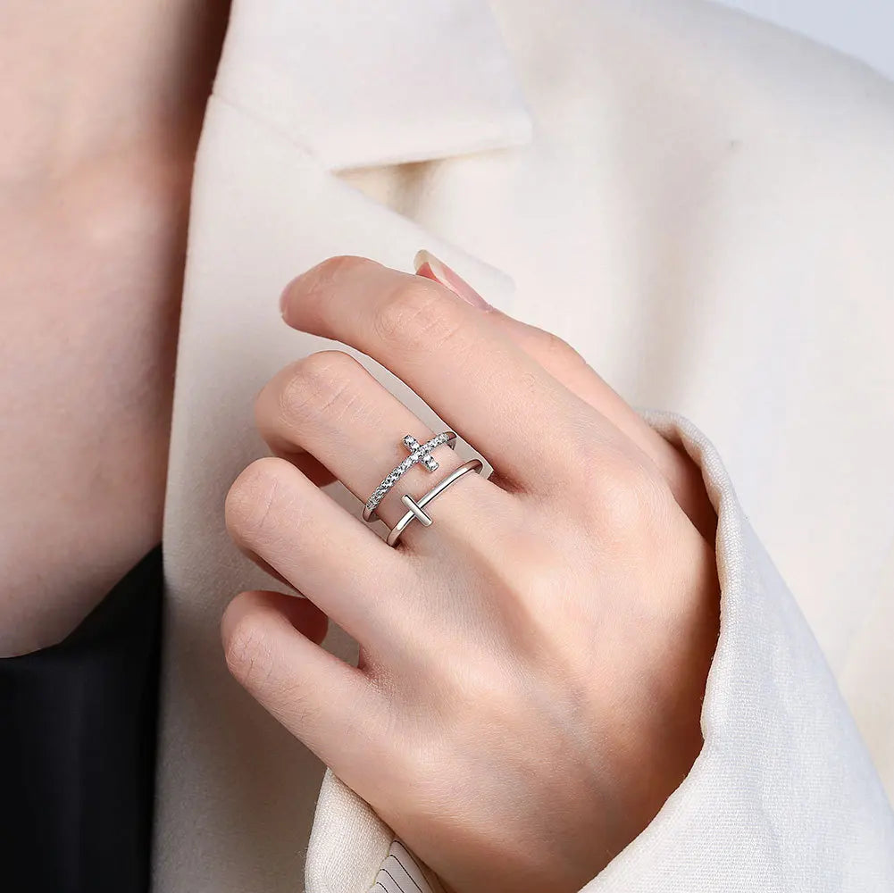 Daidan Gold Plated Rings 18K Religious Christian Rose Gold Zircon Adjustable Silver 925 Double Layered Double Cross Rings