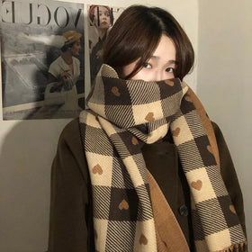 Winter Scarf Women's Double-sided Love Plaid Scarf Korean Tassel Warm Large Shawl