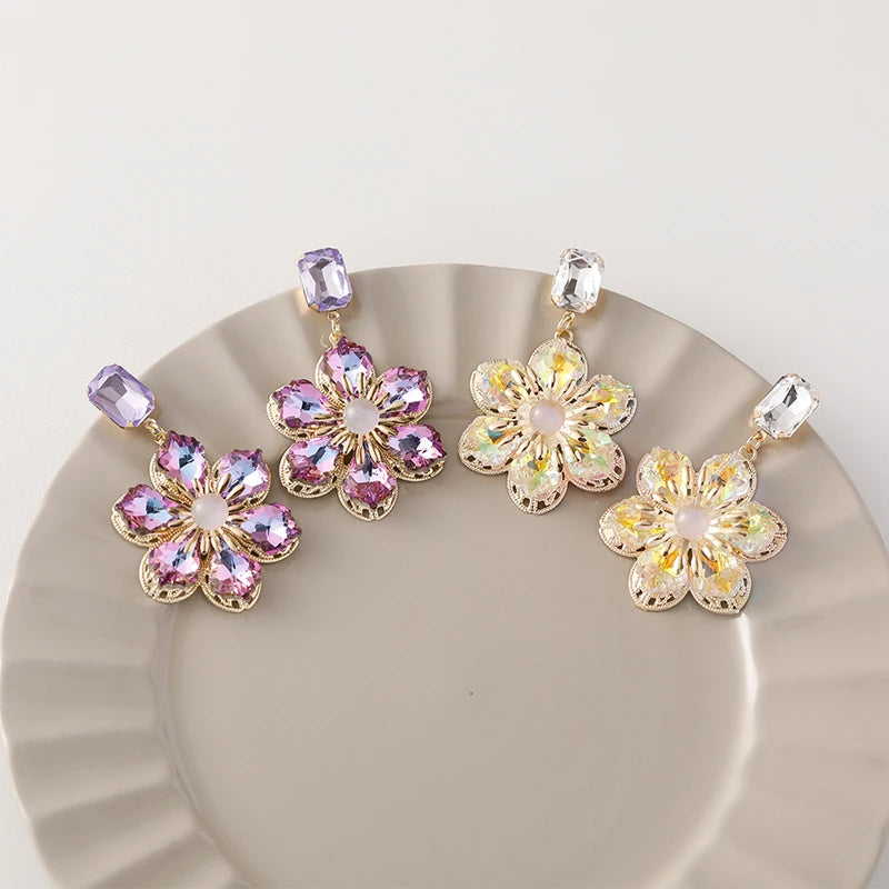 Fashion Jewelry Diamond Snowflake Drop Earrings Purple Rhinestone Crystal Flower Earrings for Women