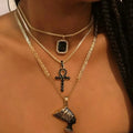 Fashion Bohemian Cross Pharaoh Statue Square Black Crystal Pendant Chain Gold Necklace for Women