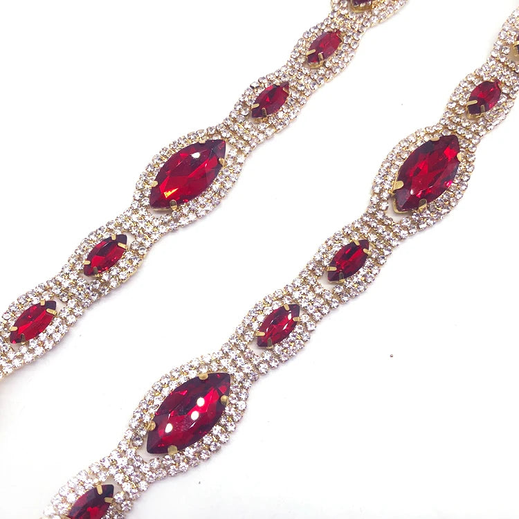 Luxury Gold Chain Trim With Red Rhinestone Sewing Accessories Trimming for Clothing Belt Jewelry Accessories