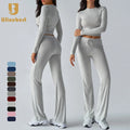 Gym Fitness Women's Two Piece Outfits Lounge Wear Sets Long Sleeve Crop Top Wide Leg Elastic High Waist Pants Set