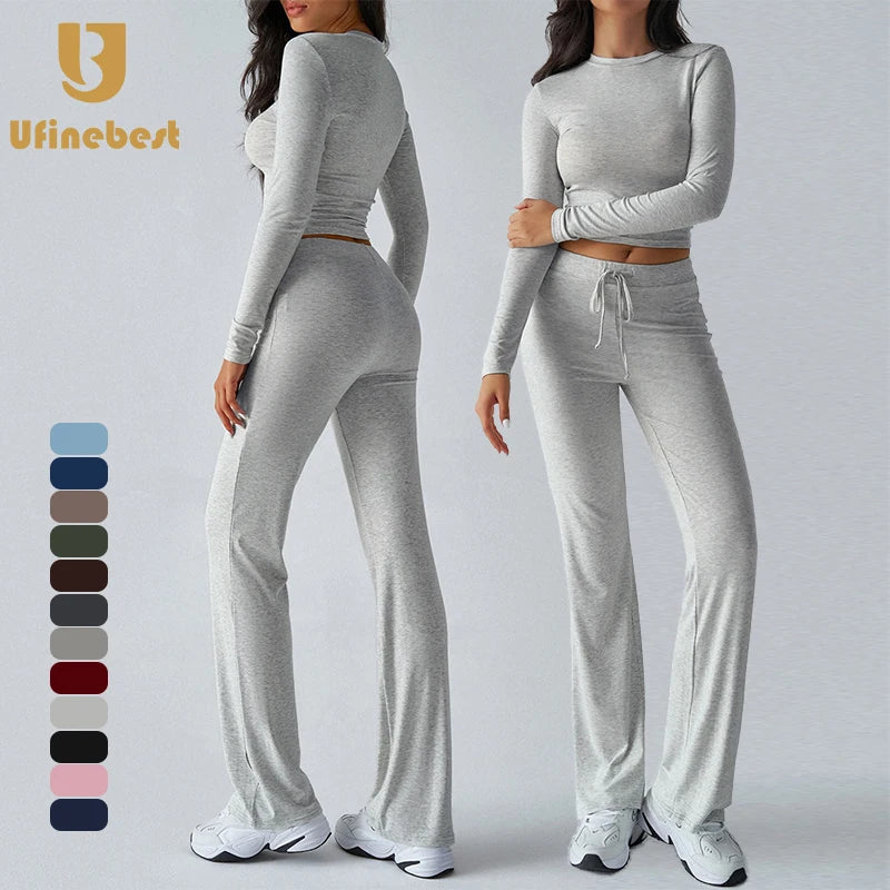 Gym Fitness Women's Two Piece Outfits Lounge Wear Sets Long Sleeve Crop Top Wide Leg Elastic High Waist Pants Set