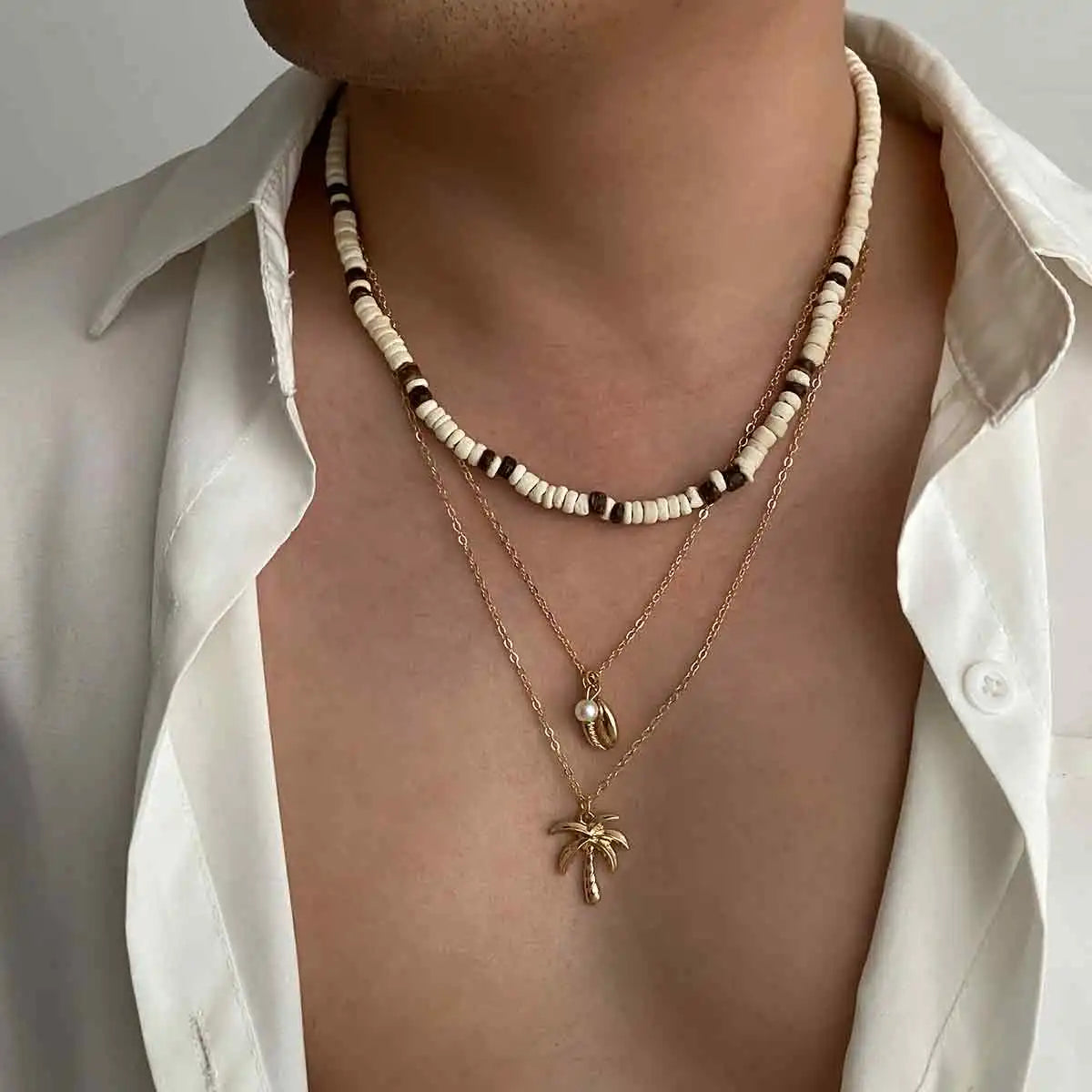 3Pcs/Set Vintage Stacked Tree Pendant Coconut Husk Beaded Necklace for Men Casual Male Choker Collar Fashion Jewelry Accessories