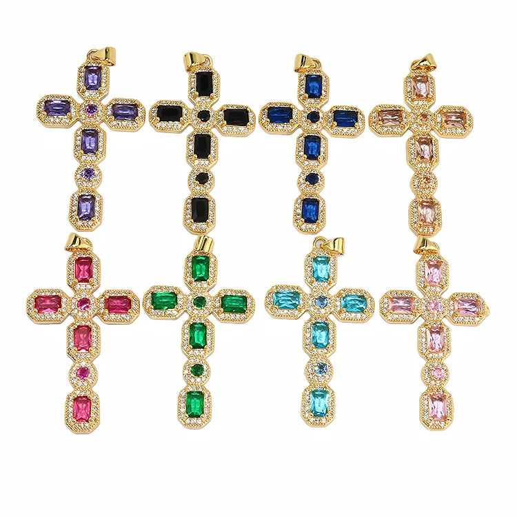 CZ8677 18K Gold Plated Boho Large Cross Charms Sparkling CZ Cubic Zirconia Religious Jewelry Supplies for Necklace Making