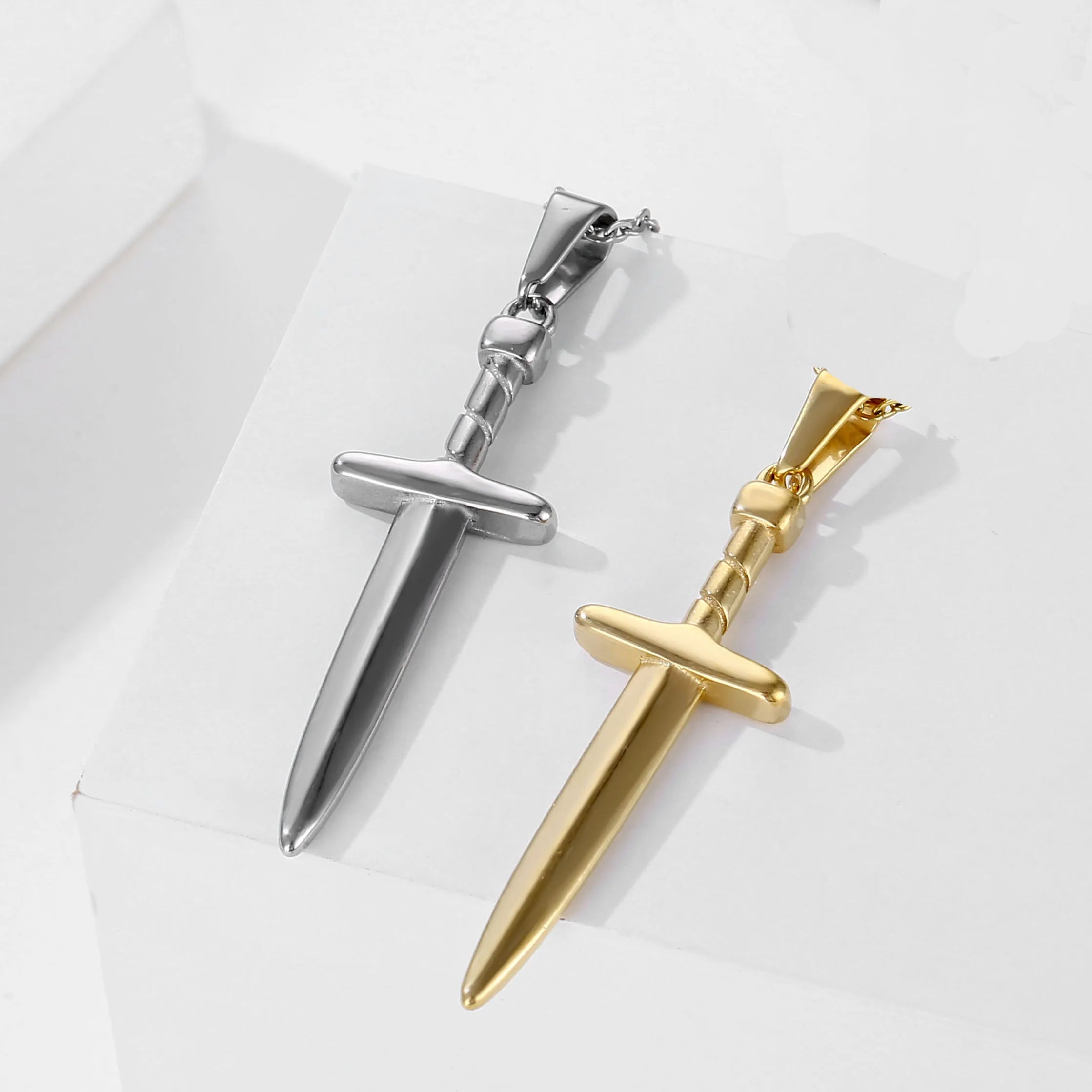Punk Sword Pendant Necklace 40mm Stainless Steel 18K Gold Plated Dagger Charm for Men Necklace