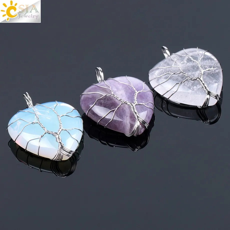 CSJA New Tree of Life Wire Wrapped Crystal Love Heart Amethyst Pink Quartz Charm Pendant Necklace F053