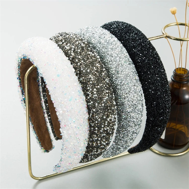 Custom Wholesale Glitter Bling Makeup Hairband Wide Thick Padded Sponge Rhinestone Headband for Girls and Women