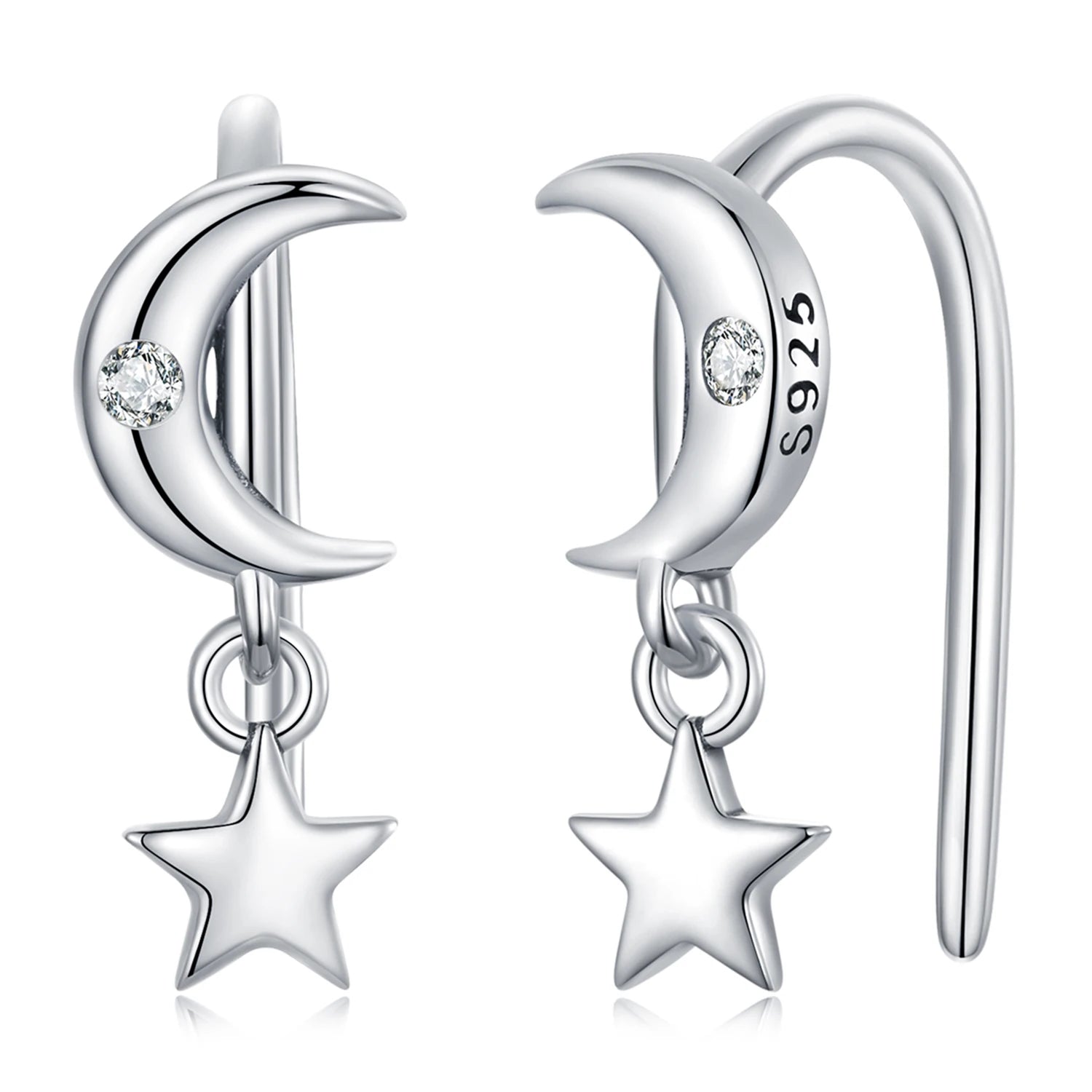 925 Sterling Silver Star & Moon Earrings for Women Fashion Jewelry Zircon Ear Studs Girl Wedding Gift SCE1500