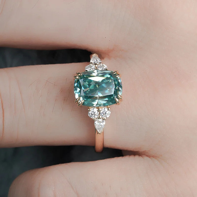Popular 14 Karat Yellow Gold 7*9mm Retangular Cushion Cut Moissanite Adjustable Ring  Blue Green Moissanite Ring Jewelry