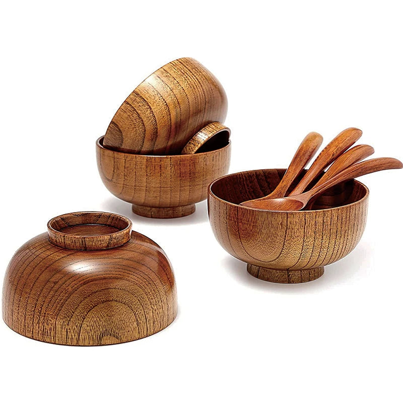 Handmade Custom Wooden Bowls Disposable Japanese Round Bowls Set Vintage Design for Rice Soup Dip Salad for Parties Dinners