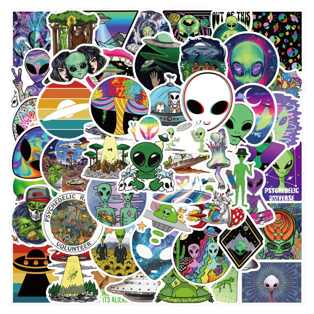 50Pcs Aliens Cute Cartoon Funny Graffiti Stickers for Bottle Laptop Phone Notebook Waterproof Custom Alien Label