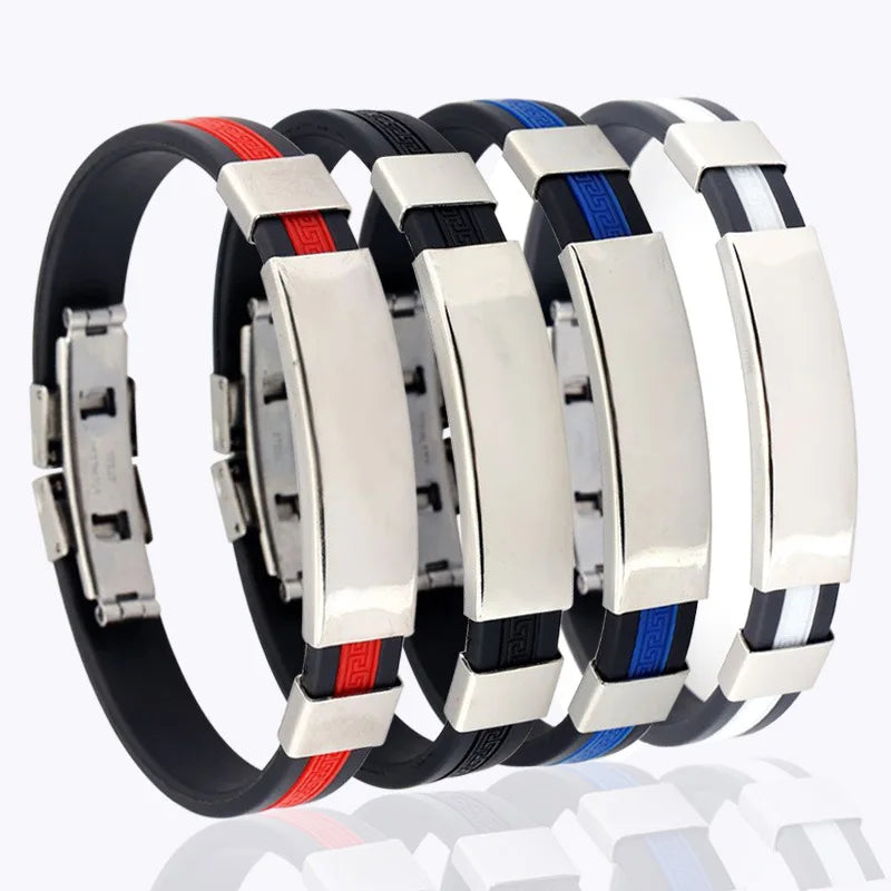 PU Leather TRENDY Custom Logo Adjustable Silicone Stainless Steel Clasp Metal Bracelets Fashionable Blank Bangles