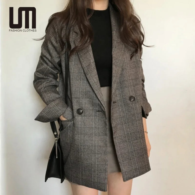 Liu Ming Autumn Trends 2024 Women Casual Long Loose Plaid Blazer Jacket Formal Office Ladies Outwear Coat