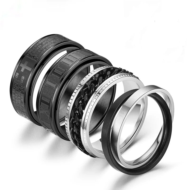 Fashion Boys Mens Stainless Steel Rings Jewelry Roman Numeral Turning Rings Men's Chain Rings Size 7-13