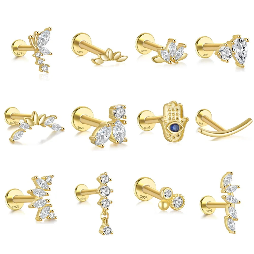 925 Sterling Silver 18K Gold Plated Dragonfly Horse Eye Zirconia Screw Thread Stud Earrings Piercing Jewelry