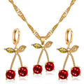 Trendy Gold Plated Water-wave Chain Red Zircon Cherry Shaped Pendant Earring Necklace Jewelry Set