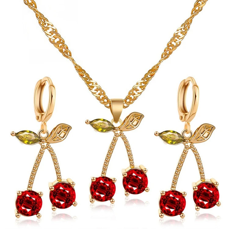 Trendy Gold Plated Water-wave Chain Red Zircon Cherry Shaped Pendant Earring Necklace Jewelry Set