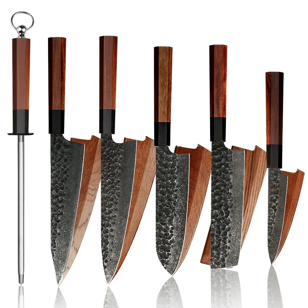 Amber Wood Handle Black Forged 440c High Carbon Steel sharp Japanese Kitchen Chef Knife Set