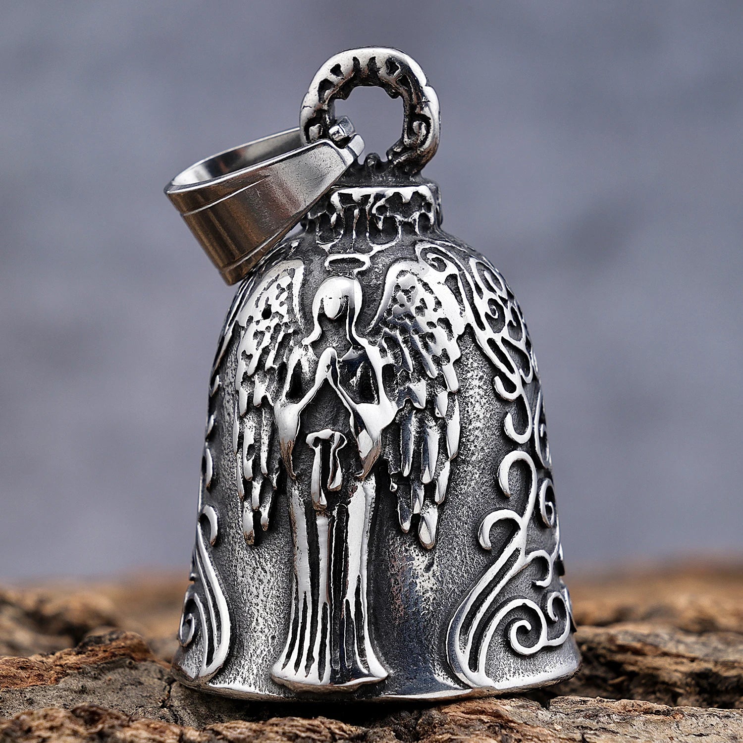 RTS Stainless Steel Motorcycle Bell Pendant Good Luck Angel Biker Guarding Bell Necklace for Riders