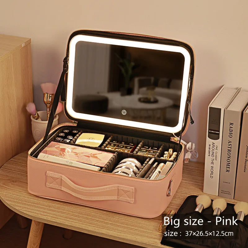 2023 New Large Capacity Desktop Cosmetic Storage Box Waterproof Leather Travel Portable Makeup Bag case with LED Light Mirror