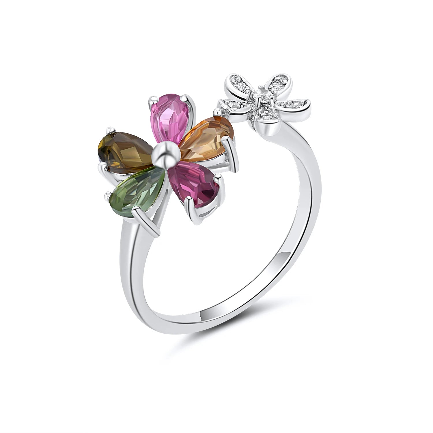 YBO 925 Sterling Silver Adjustable Opening Flower Rings Natural Colors Tourmaline Gemstone CZ Pear Cut for Weddings Parties