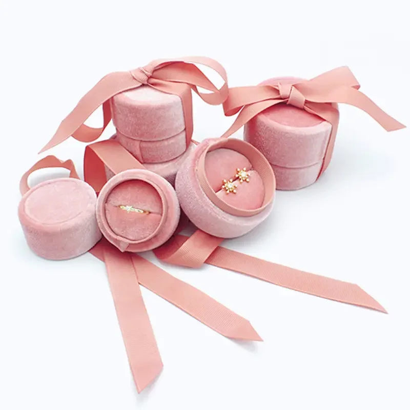 Custom Logo Wedding Bowknot Velvet Gift Jewellery Packaging Box Ring Pendant Box Pink Velvet Jewelry Ring Box With Silk Ribbon