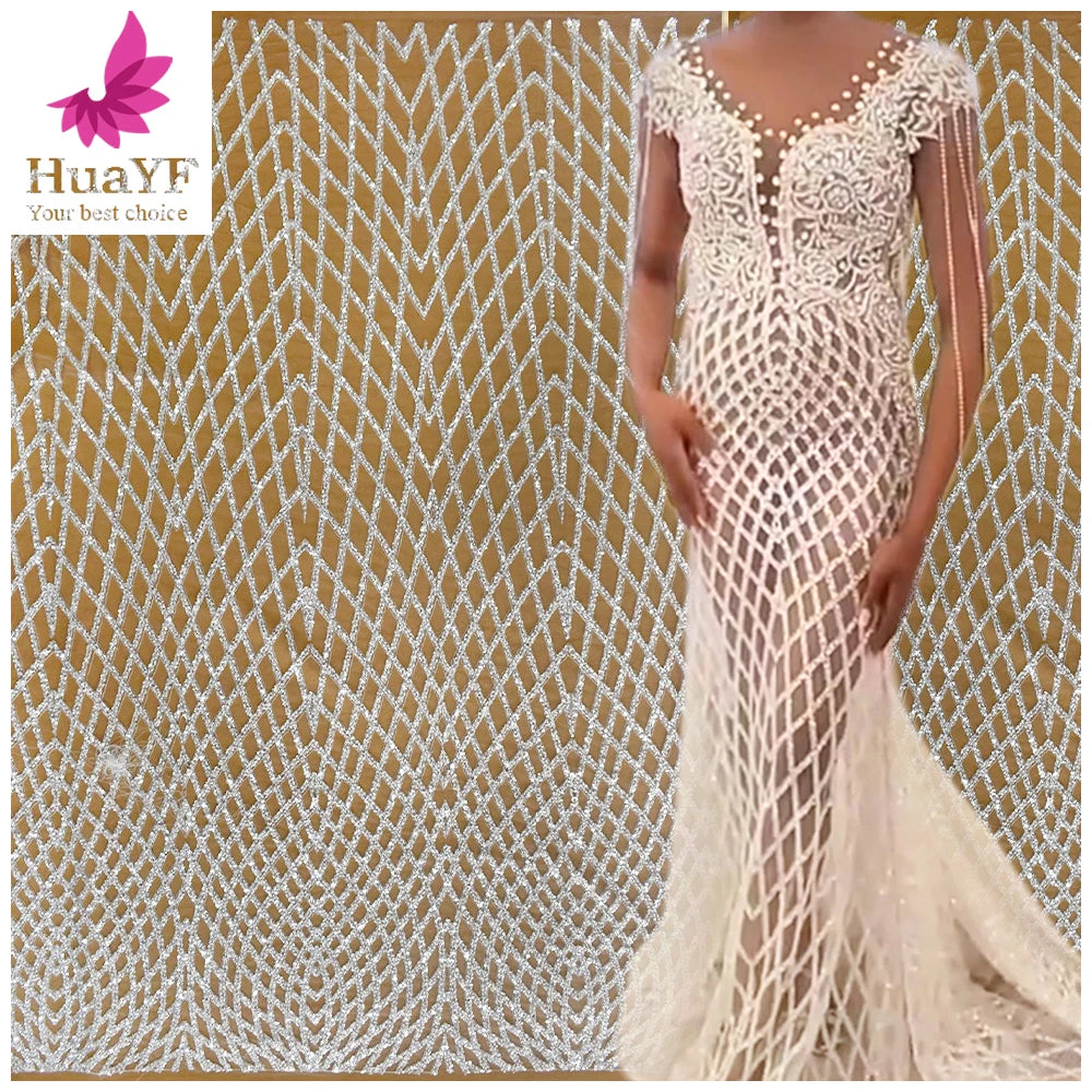 2021 Good Quality Gold Luxury Embroidery Beads Wedding Bridal White Tulle Beaded Lace Fabric With Sequins  HY1560
