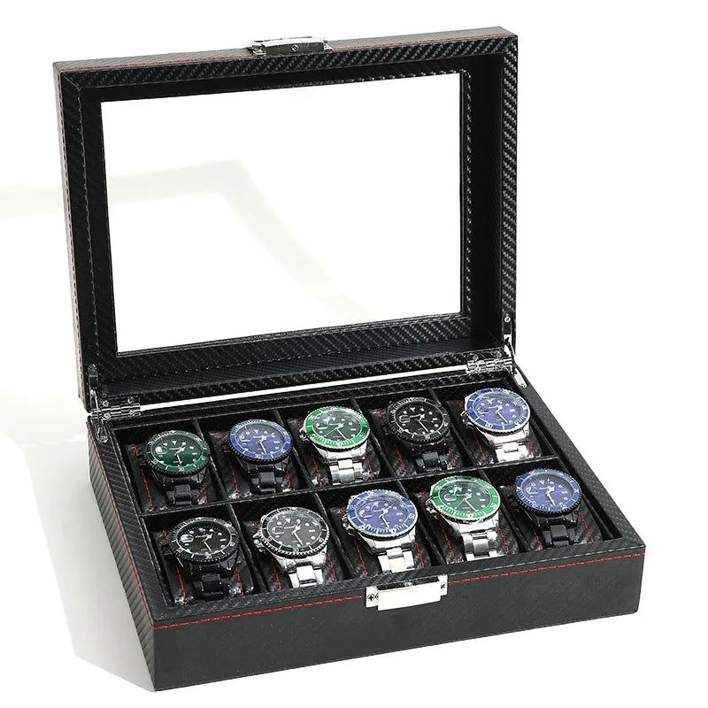Factory Direct 10 Slots High-End PU Leather Watch Display Box Box Carbon Fiber Luxurious MDF Case for Watch Packaging