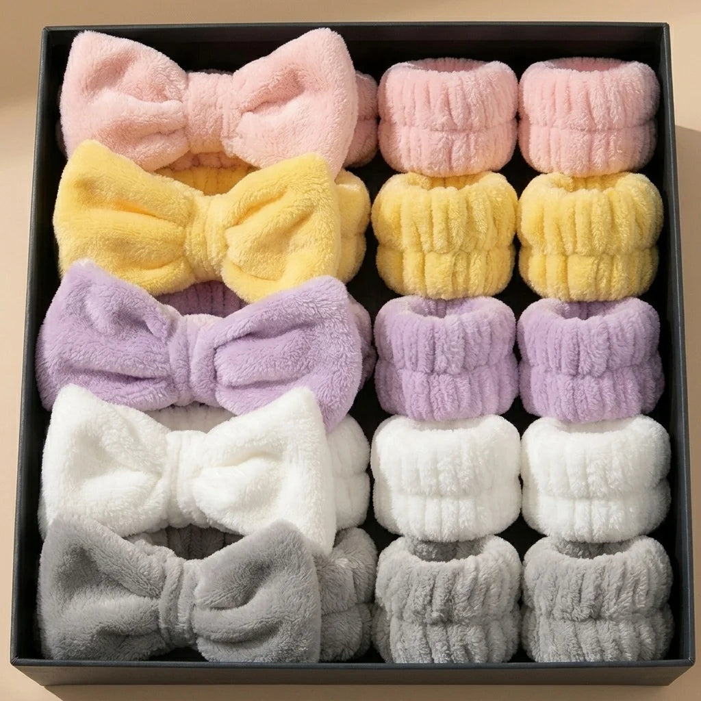 Can Custom Logo Flannel Skincare Spa Wristband Makeup Facial Wrist Washband Face Towel Wash Bow Headband Scrunchie Set for Women