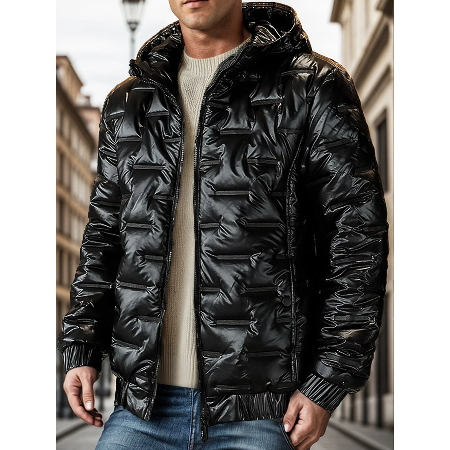 Men's Glossy Padded Winter Hood Coat Metallic Full Zip Down Quilted Puffer Jacket Warm Plus Size Shiny Hooded Coat Short Bomber