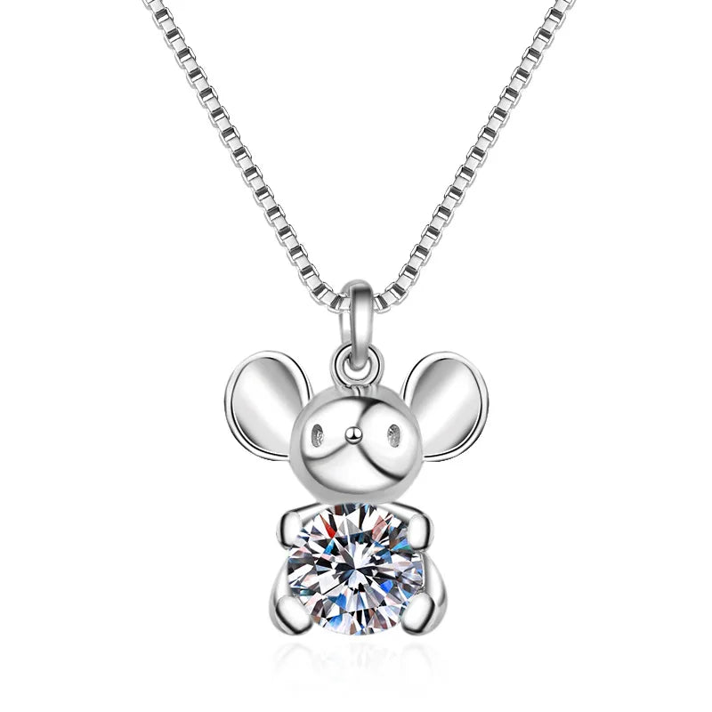 Luxury Jewelry S925 Sterling Silver 0.5ct Moissanite Cute Animal Mouse Pendant Necklace for Women