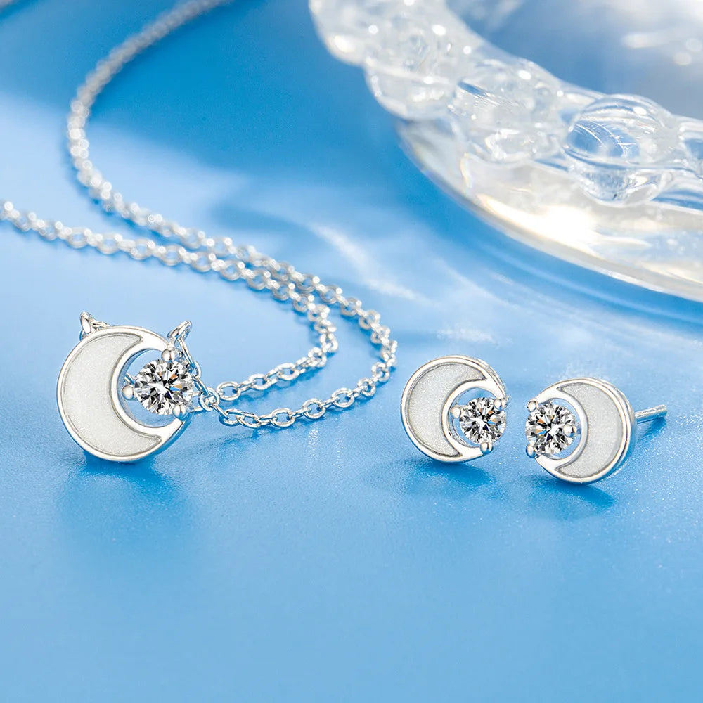 Trendy Non Tarnish Silver Gold Plated New Moon Crescent Necklace Earring Jewelry Set for Women