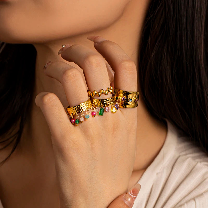 New 18K Gold Plated Texture Ring Stainless Steel Colorful Zircon Natural Stone for Women Jewelry Wedding Engagement Gift