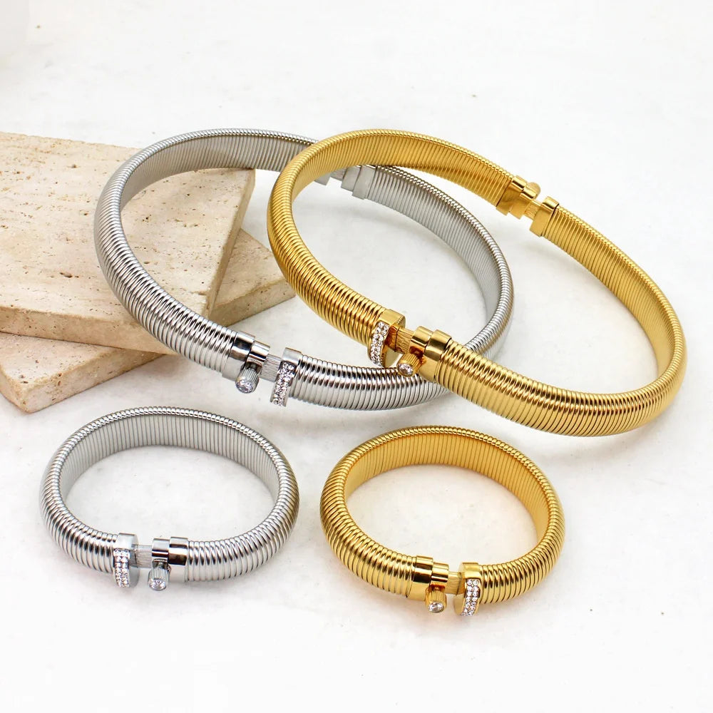 Tarnish Free Fashion Jewelry Sets Gold Stainless Steel Choker Thick Snake Bone Chain Zircon Screw Necklace Bracelet Sets Women