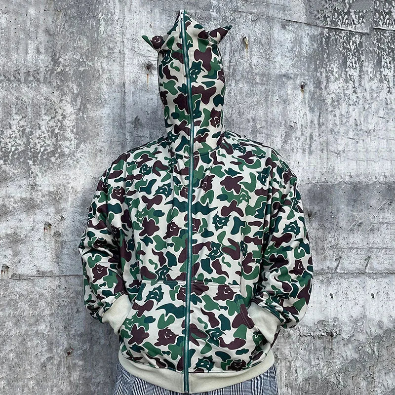 Clothing Manufacturers Custom Screen Printing Heavyweight Casual Camouflage Hoodies Hip Hop Streetwear Full Zip up Hoodies Men
