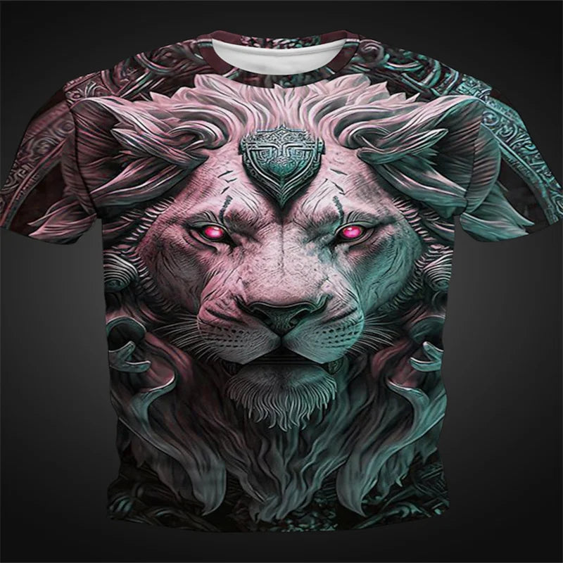 2025 Summer Men's 100% Polyester Breathable & Anti-Pilling Lion Graphics 3D Print Short Sleeve O-Neck Casual Streetwear T-Shirt