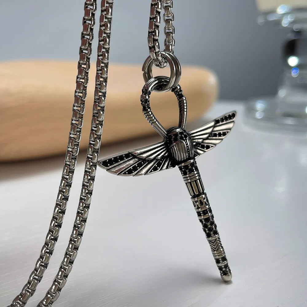 Hot Selling Men's Retro Punk Cross Pendant Necklace Stainless Steel Gold Plated Dragonfly for Hip-Hop Fashion or Gift